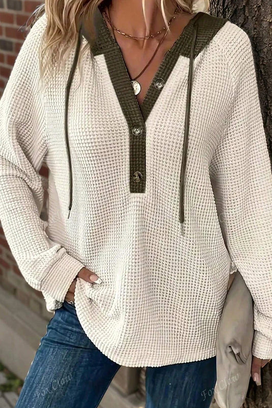 DLLS248 - Ladies White Waffle Contrast Half Buttoned Hooded Pullover Top