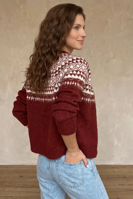DLLS718 - Ladies Red Geometric Print Button Front Long Sleeve Knitwear Cardigan
