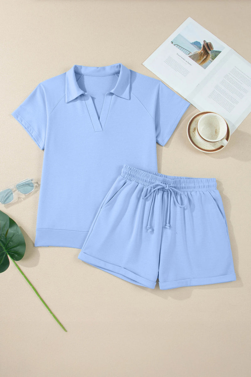 Load image into Gallery viewer, DLLS622 - Ladies Sky Blue Collared V Neck Tee Drawstring Elastic Waist Shorts 2pcs Outfit
