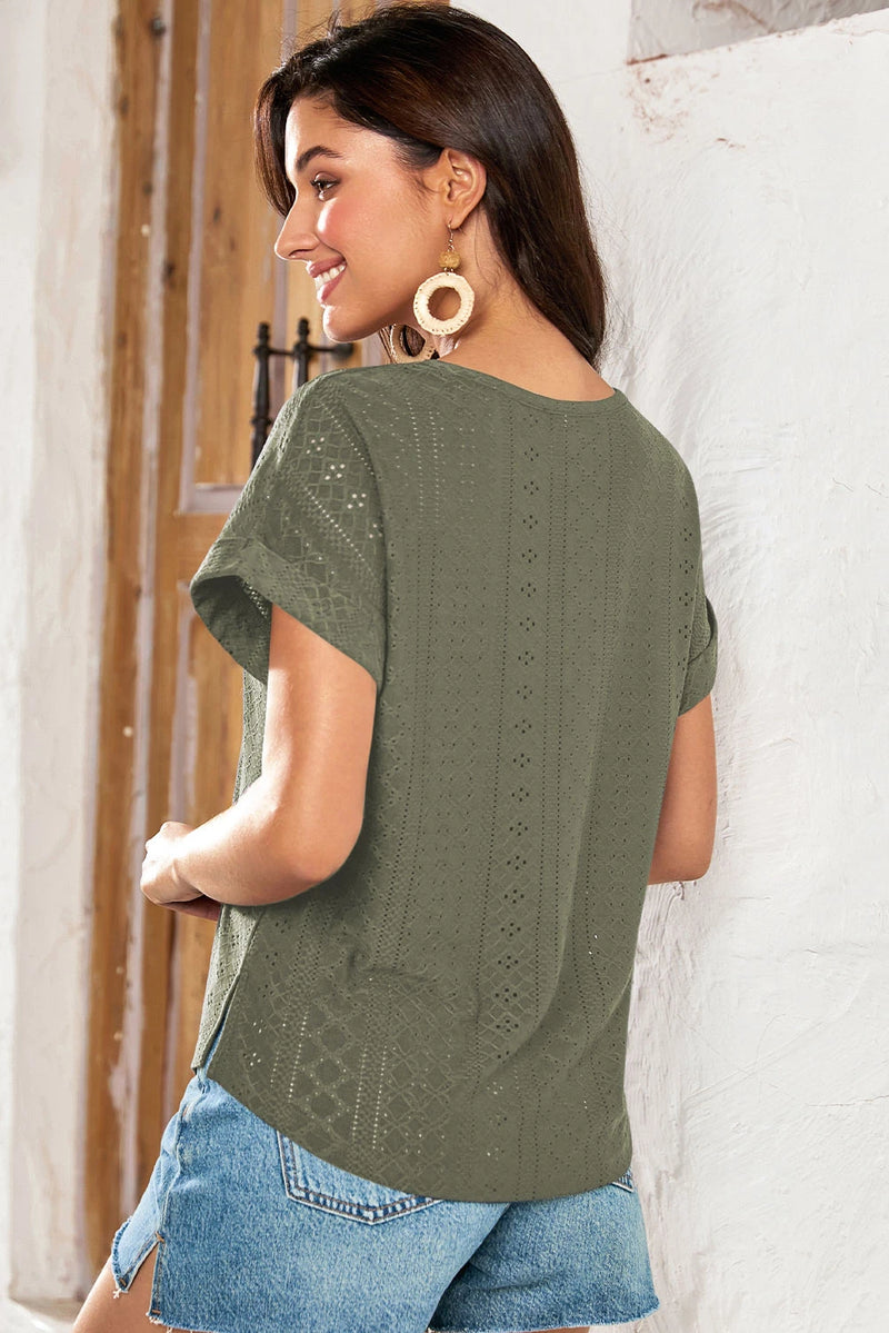 Load image into Gallery viewer, DLLS486 - Ladies Four Leaf Clover Eyelet Jacquard Cuffed Short Sleeve Top
