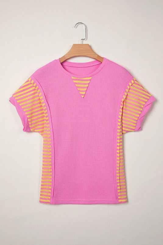 DLLS460 - Ladies Bright Pink Waffle Textured Contrast Striped Patchwork Loose T Shirt