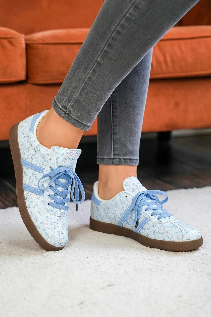 Load image into Gallery viewer, DLLSHOE 49 - Light Blue Floral Print Lace-Up PU Leather Flat Shoes
