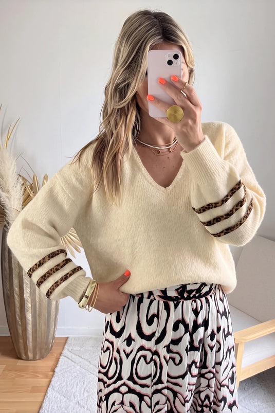 DLLS1089 - Ladies Beige V Neck Leopard Striped Detail Long Sleeve Casual Sweater