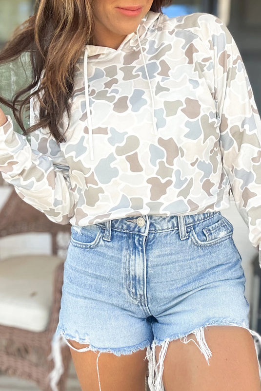DLLS782 - Ladies Beige Camouflage Print Relaxed Drawstring Hoodie