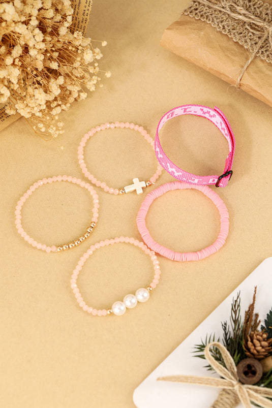DLLBC 25 - Pink WWJD Faith Prompt Mix Beading 5pcs Bracelet Set