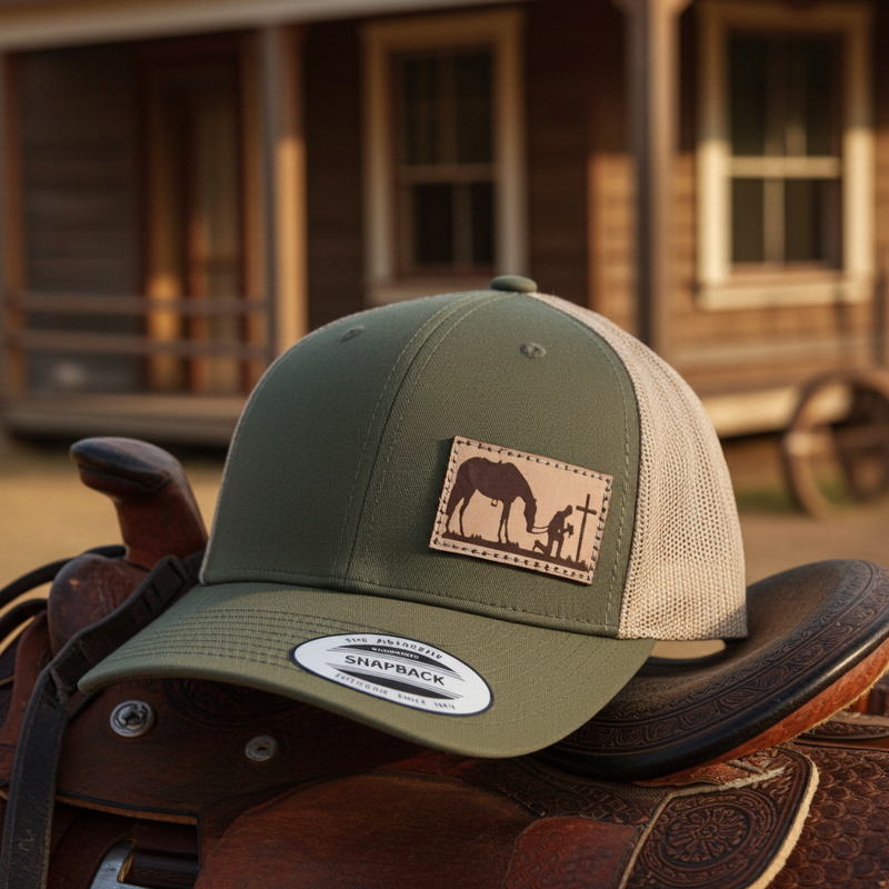 Load image into Gallery viewer, CP118 - Cowboy Prayer Leather Patch Moss/Khaki Cap
