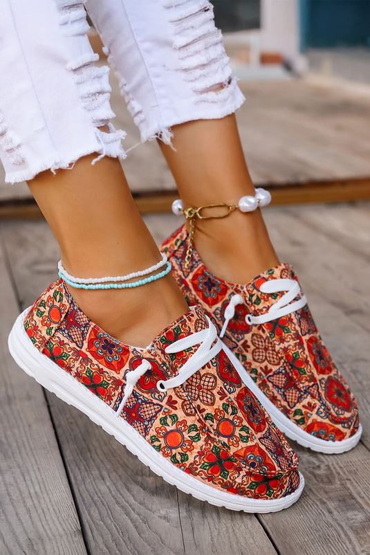DLLSHOE 190 - Fiery Red Western Printed Lacing Flat Slip On Shoes