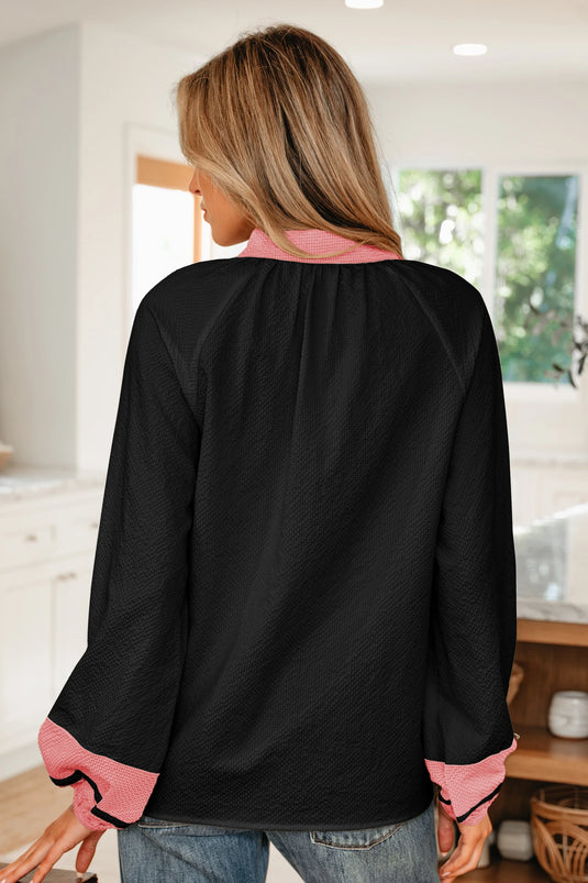 DLLS434 - Ladies Black Color Block Patchwork Detail V Neck Textured Long Sleeve Blouse