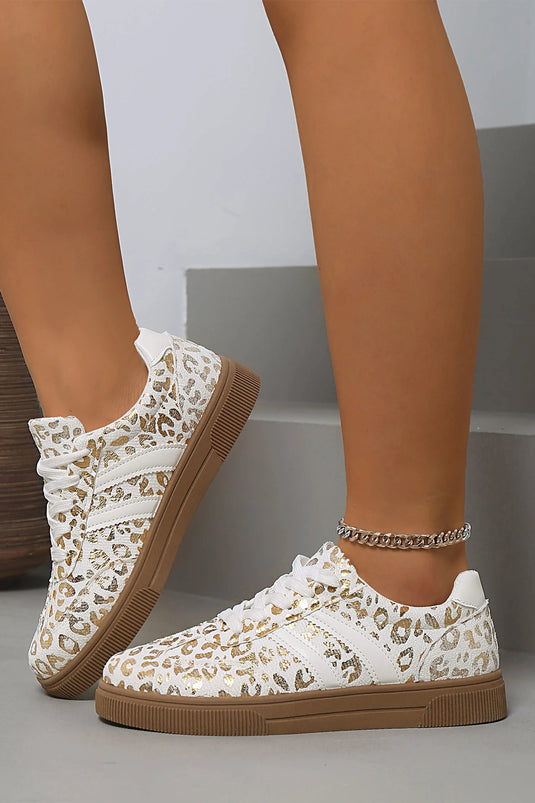 DLLSHOE 91 - Gold Metallic Leopard Print Lace Up Flat Shoes