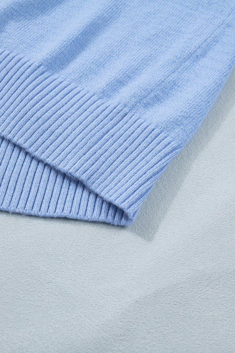 Load image into Gallery viewer, DLLS578 - Ladies Blue Solid Color Ribbed Trim Round Neck Ruffle Short Sleeve Sweater
