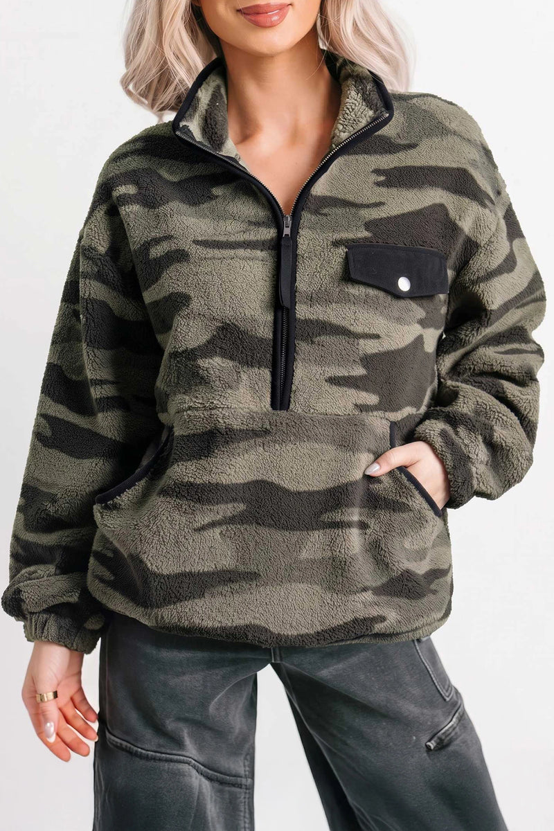 Load image into Gallery viewer, DLLS837 - Ladies  Camouflage Fleece Half Zip-Up Long Sleeve Pocket Sweatshirt
