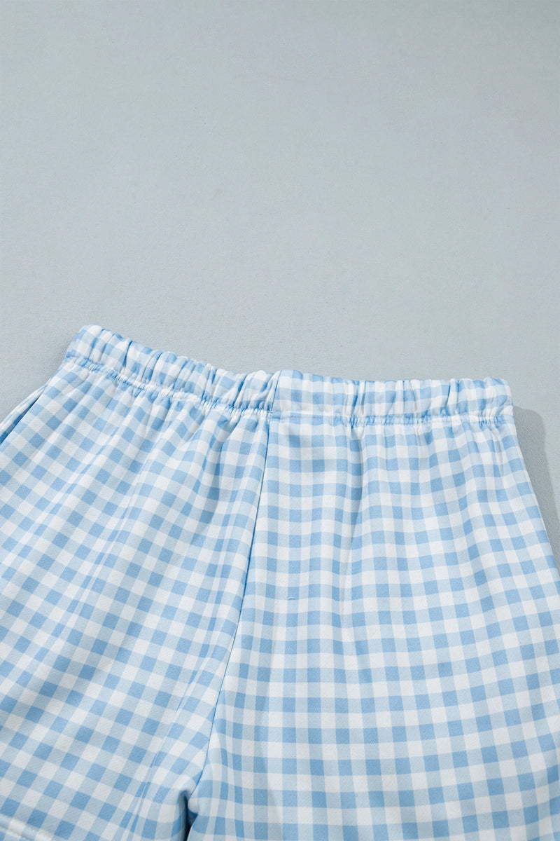 Load image into Gallery viewer, DLLS1081 - Ladies Sky Blue Plaid Baggy Pullover Drawstring Casual Shorts 2pcs Outfit

