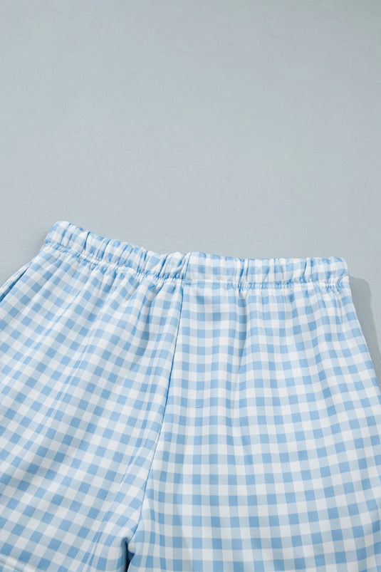 DLLS1081 - Ladies Sky Blue Plaid Baggy Pullover Drawstring Casual Shorts 2pcs Outfit