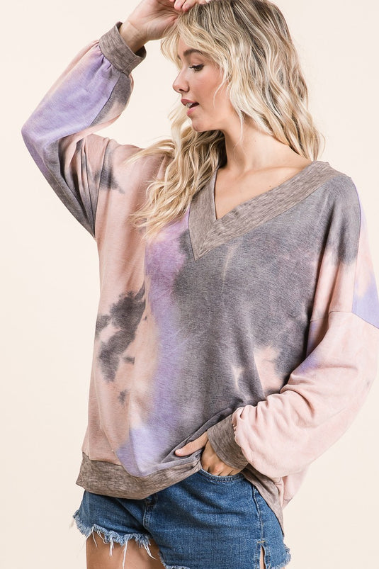 BIBI1- Ladies Tie Dye French Terry V Neck Top With Contrast Band