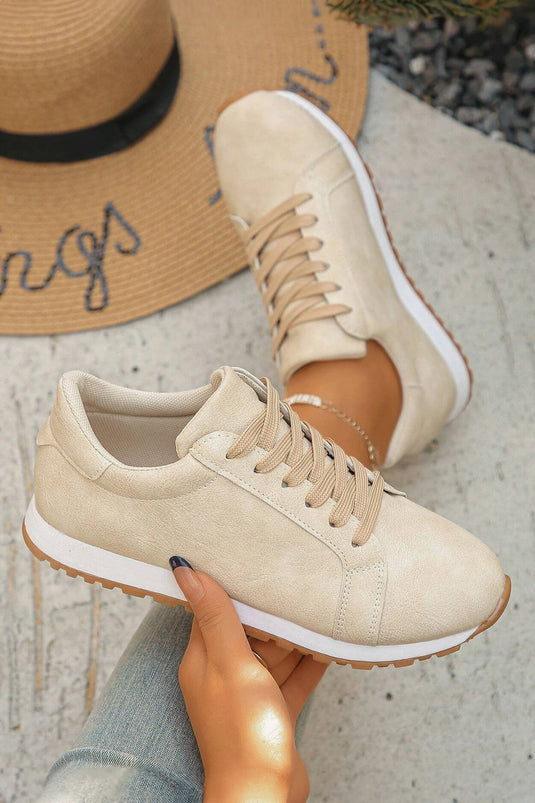 DLLSHOE 53  - Beige Solid Color Faux Suede Lace-Up Sneakers