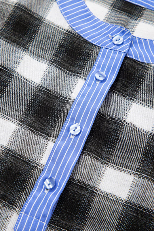 DLLS297 - Ladies Black Contrast Striped Edge Half Placket Plaid Blouse