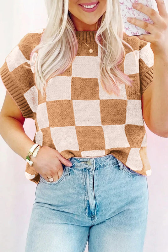 DLLS504 - Ladies Light Beige Colorblock Plaid Ribbed Trim Sweater Tank Top