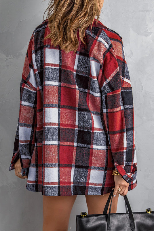DLLS261 - Ladies Fiery Red Plaid Print Buttoned Shirt Jacket