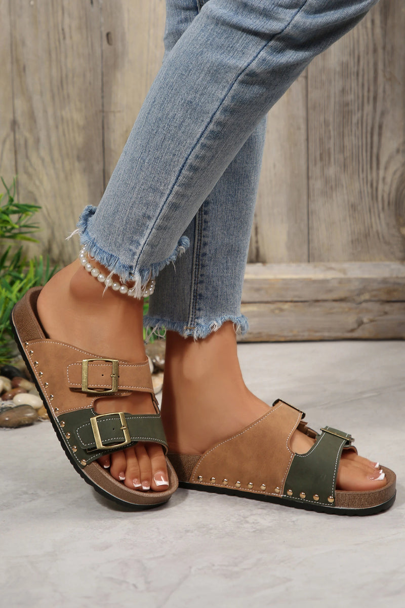 Load image into Gallery viewer, DLLSHOE 102 - Blackish Green Retro Buckle Cutout Straps PU Leather Studded Slippers
