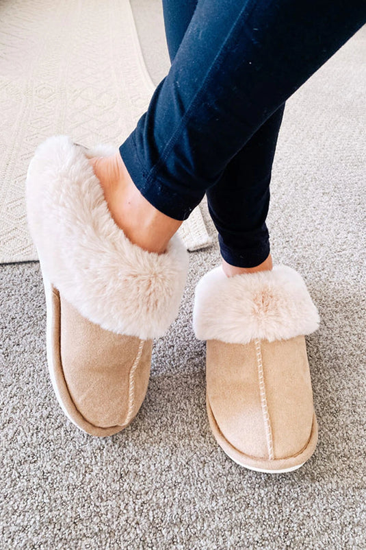 DLLSHOE 125 - Khaki Cut and Sew Faux Suede Plush Lined Slippers