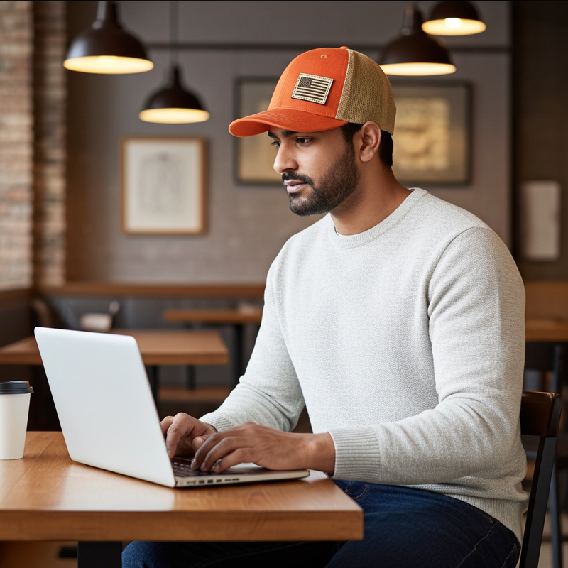 Load image into Gallery viewer, SA114 - Southern Addiction Dark Orange/Khaki FLEXFIT Light Leather American Flag Patch Cap
