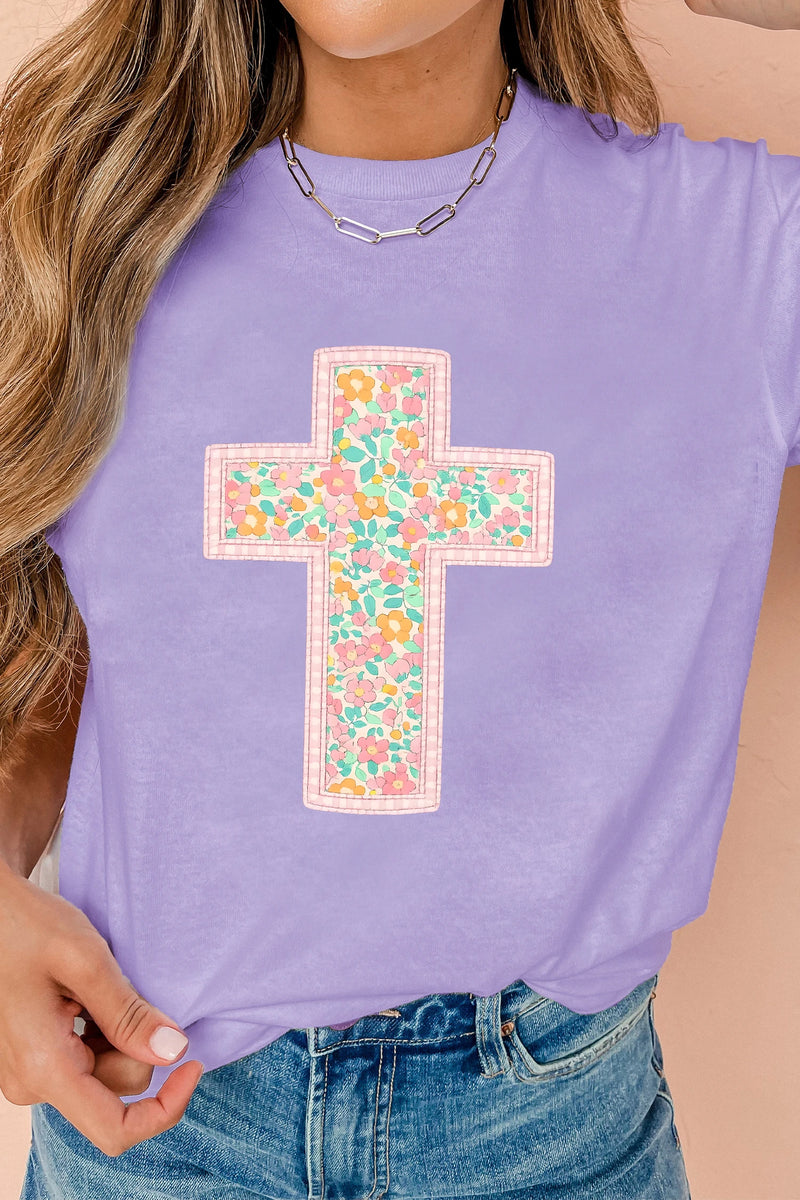 Load image into Gallery viewer, DLLS465 - Ladies Wisteria Easter Floral Cross Christian Casual Tee
