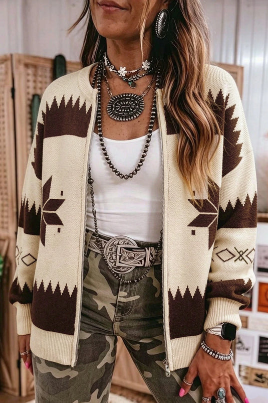 DLLS1033 - Ladies Beige Western Geometric Print Zip Front Loose Sweater Cardigan