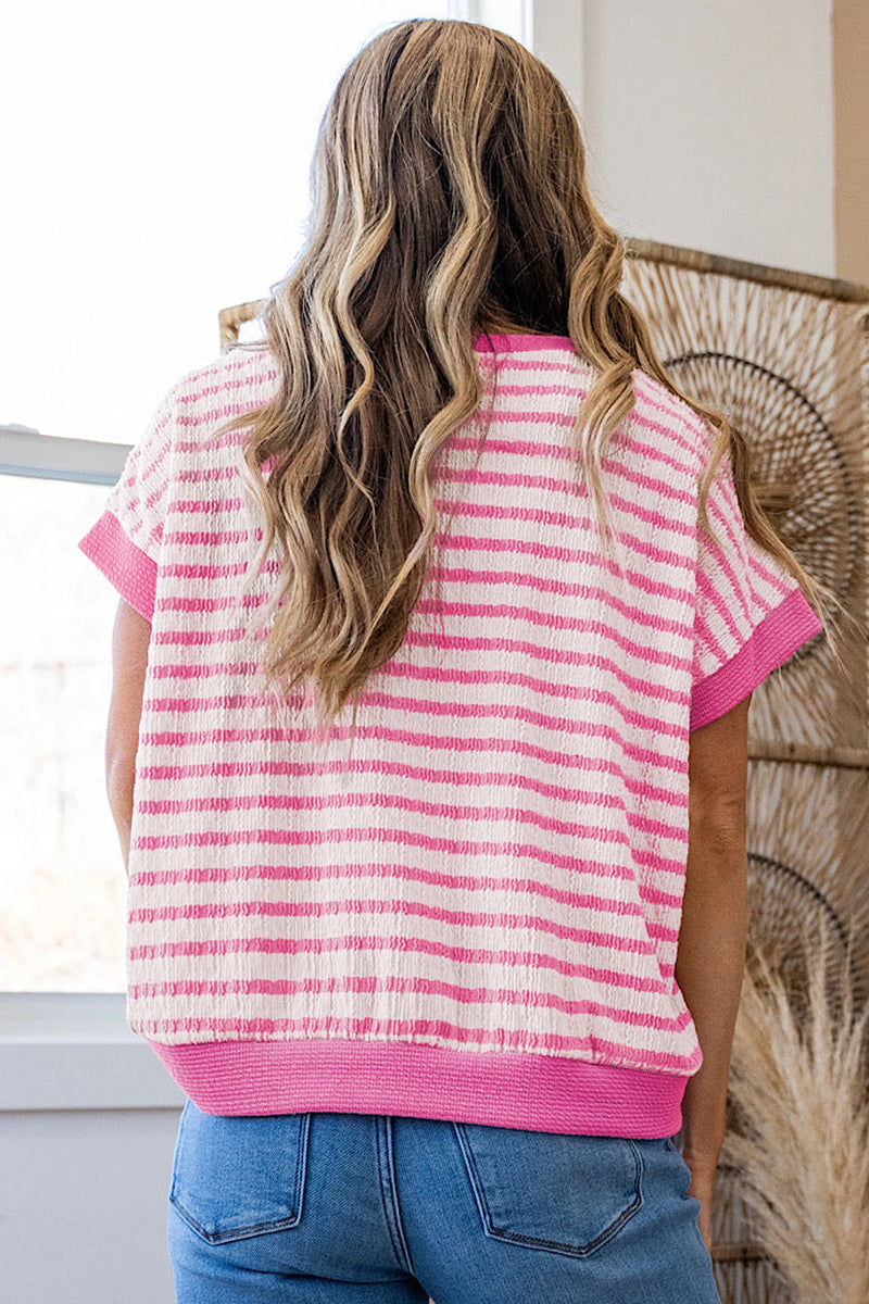Load image into Gallery viewer, DLLS458 - Ladies Pink Stripe Textured Knit Contrast Trim V Neck Short Sleeve Top
