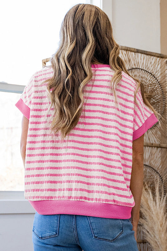 DLLS458 - Ladies Pink Stripe Textured Knit Contrast Trim V Neck Short Sleeve Top