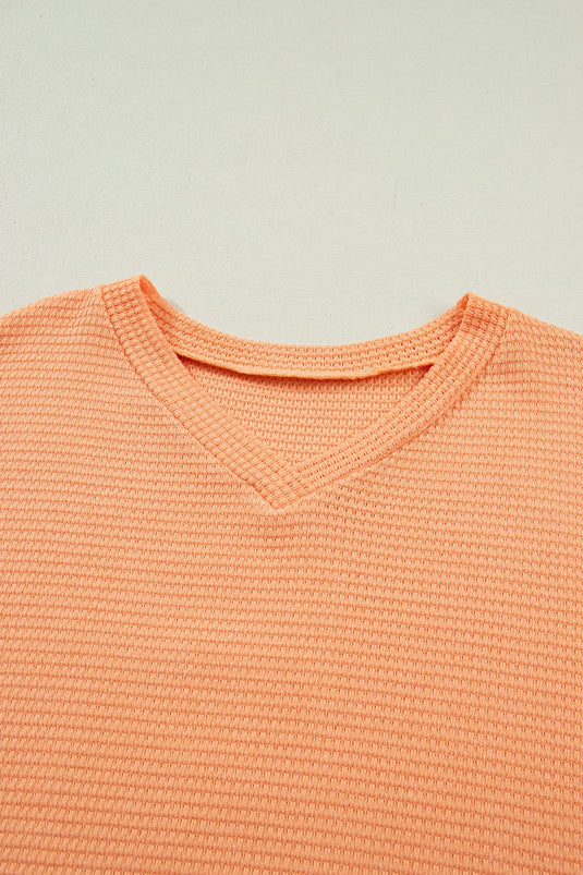 DLLS527 - Ladies Grapefruit Orange Waffle V Neck Short Sleeve Knit Top