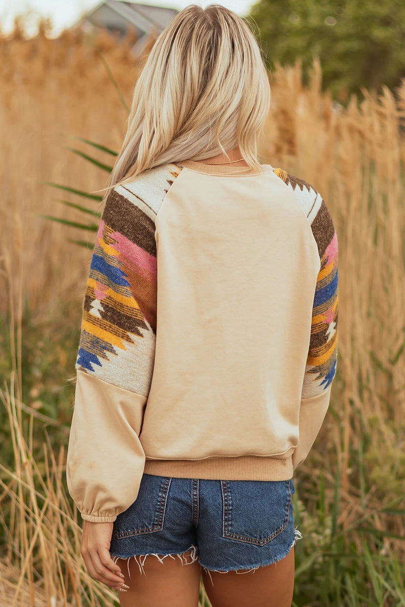 Load image into Gallery viewer, DLLS749 - Ladies Light French Beige Aztec Patchwork Raglan Pullover Sweatshirt
