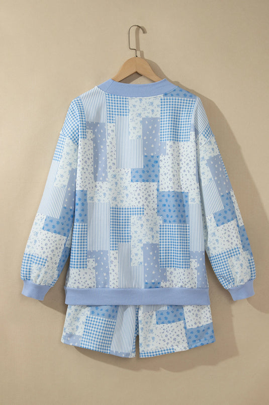 DLLS1050 - Ladies Sky Blue Patchwork Floral Print Baggy Pullover Drawstring Shorts Set