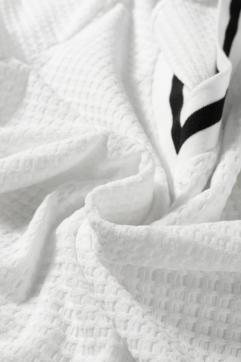 Load image into Gallery viewer, DLLS331 - Ladies White Textured Knit Preppy Striped Trim V Neck Pullover Waffle Top
