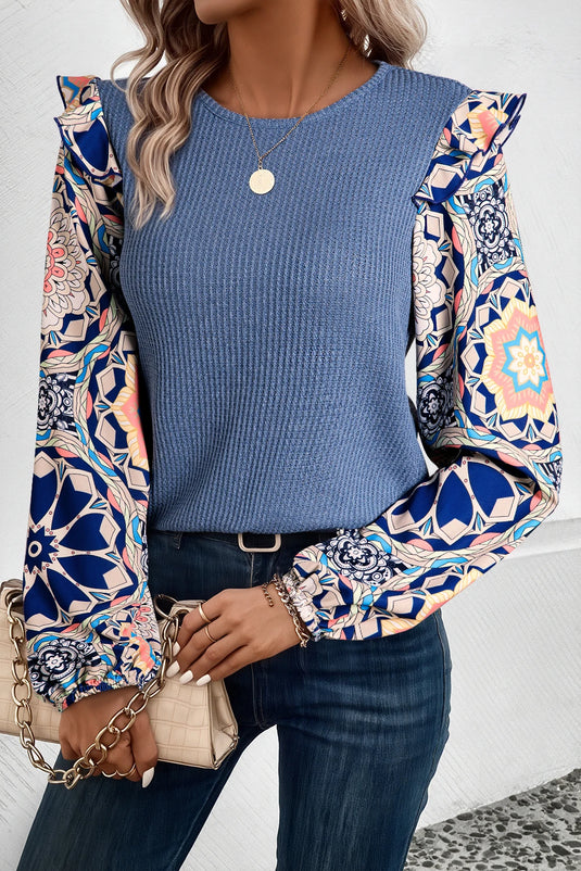 DLLS320 - Ladies Ashleigh Blue Ruffled Floral Sleeve Patchwork Waffle Knit O Neck Blouse