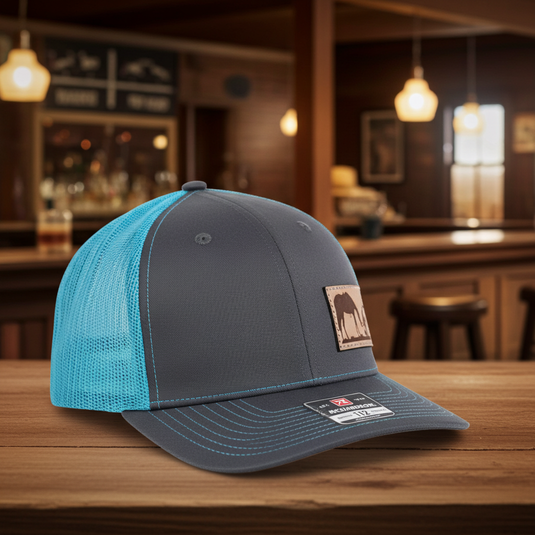 CP104 - Cowboy Prayer Leather Patch Charcoal/Neon Blue Cap