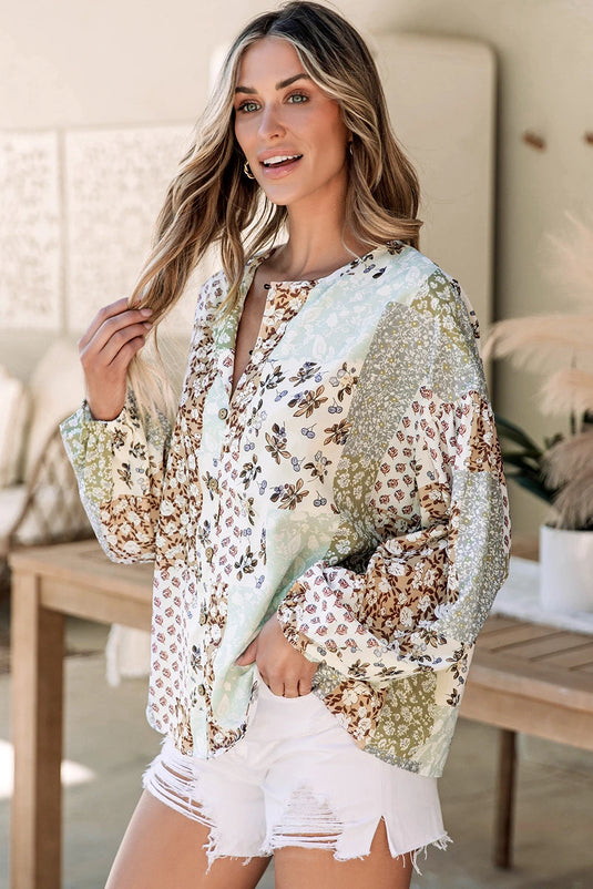 DLLS415 - Ladies Multicolor Floral Patchwork Print Long Puff Sleeve Shirt