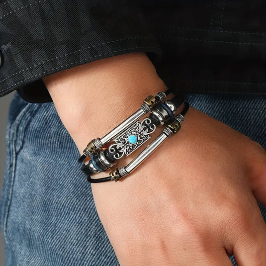 TMBC36 - Leather Woven Bracelet with Gemstone Accents