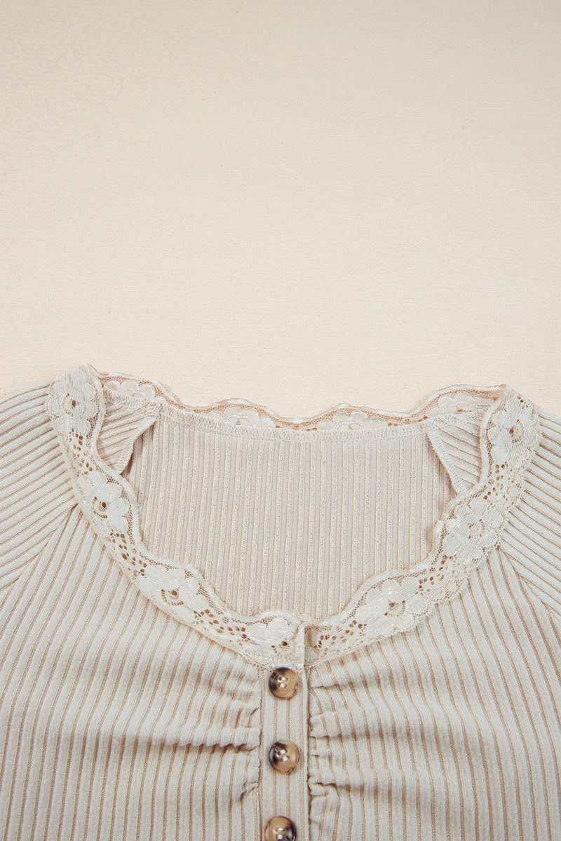 Load image into Gallery viewer, DLLS407 - Ladies Beige Lace Neckline Button Decor Lettuce Edge Long Sleeve Ribbed Top
