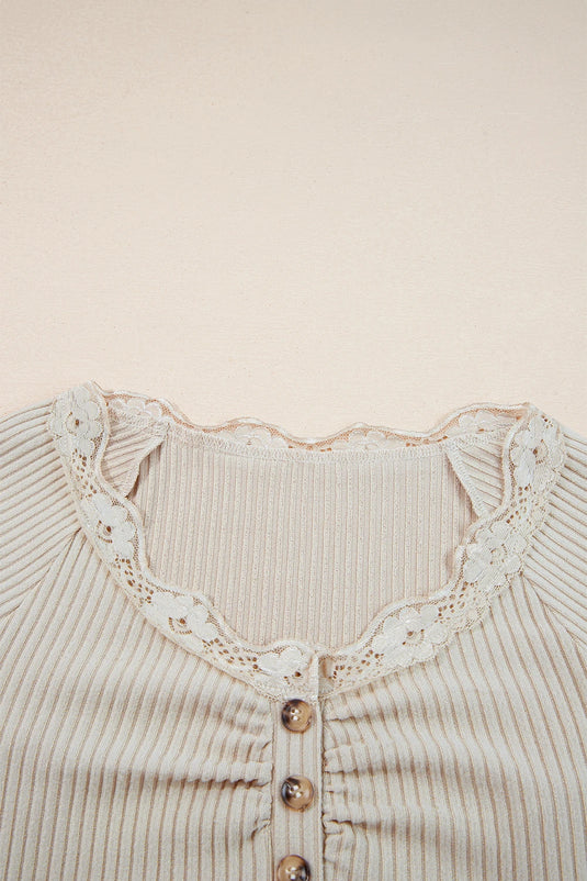 DLLS407 - Ladies Beige Lace Neckline Button Decor Lettuce Edge Long Sleeve Ribbed Top