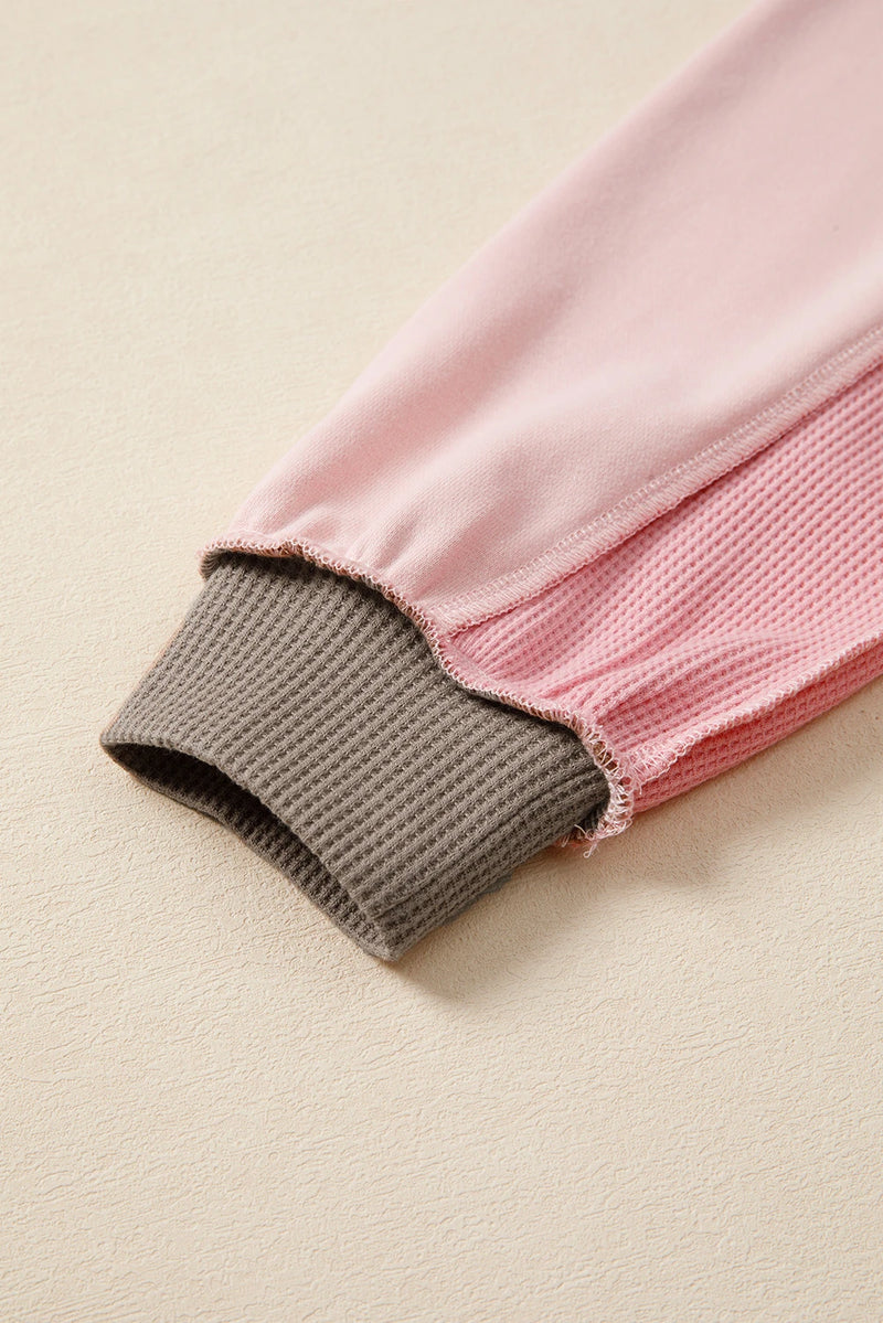 Load image into Gallery viewer, DLLS360 - Ladies Light Pink Color Block Mix Texture Waffle Patchwork Oversize Sweatshirt
