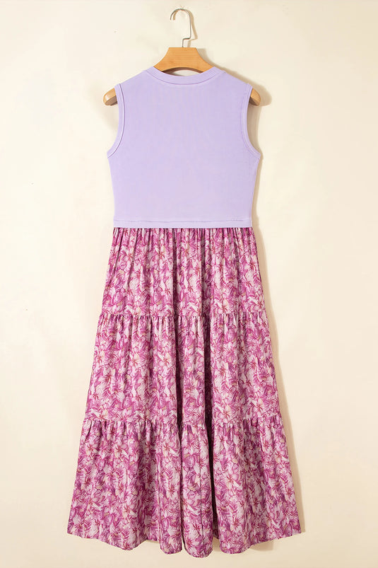 DLLS614 - Ladies Purple Ribbed V Neck Tank Floral Contrast Patchwork Long Dress