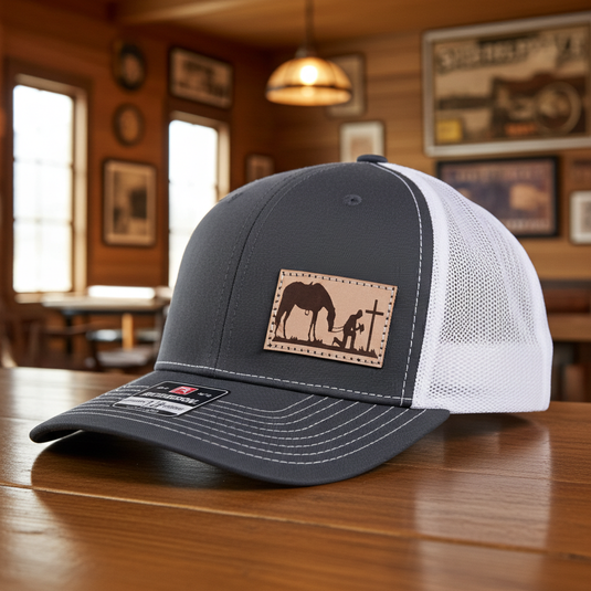 CP116 - Cowboy Prayer Leather Patch Charcoal/White Cap