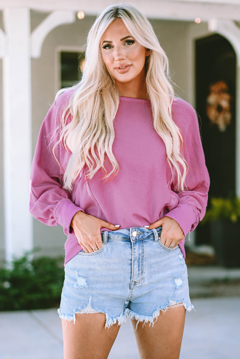 Load image into Gallery viewer, DLLS112 - Ladies Pink Exposed Seam Round Neck Terry Pullover
