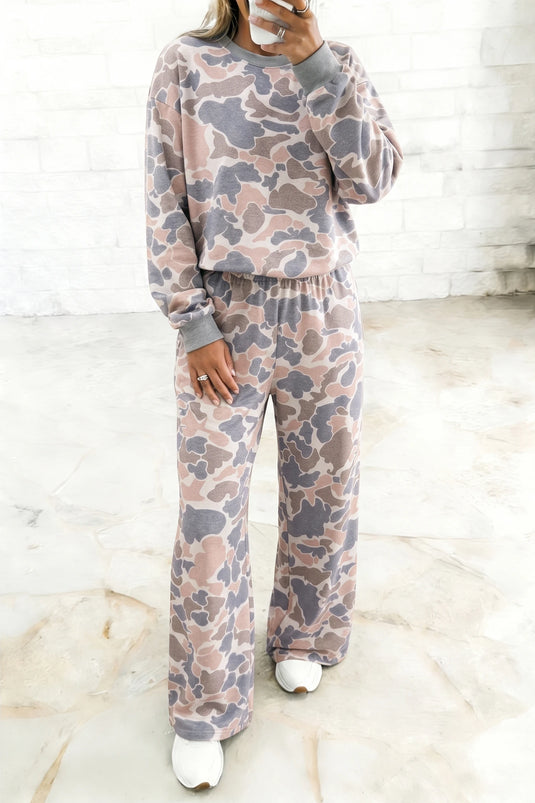 DLLS771 - Ladies Multicolour Camouflage Print Long Sleeve Top Loose 2pcs Pants Set