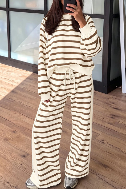 DLLS1092 - Ladies Khaki Stripe Relaxed Long Sleeve Top Color Block Detail Drawstring Pant Set