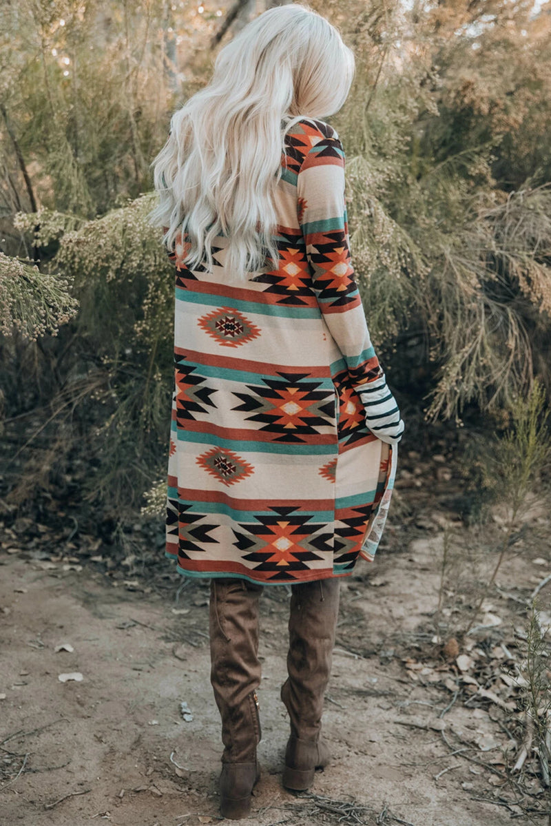 Load image into Gallery viewer, DLLS758 - Ladies Multicolor Geometric Color Block Open Front Long Cardigan
