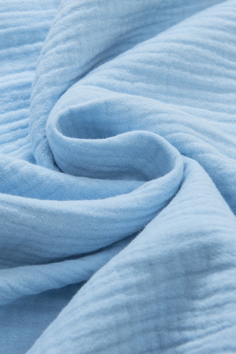 Load image into Gallery viewer, DLLS508 - Ladies Light Blue Crinkled Cotton Gauze Ruffle Sleeve Blouse
