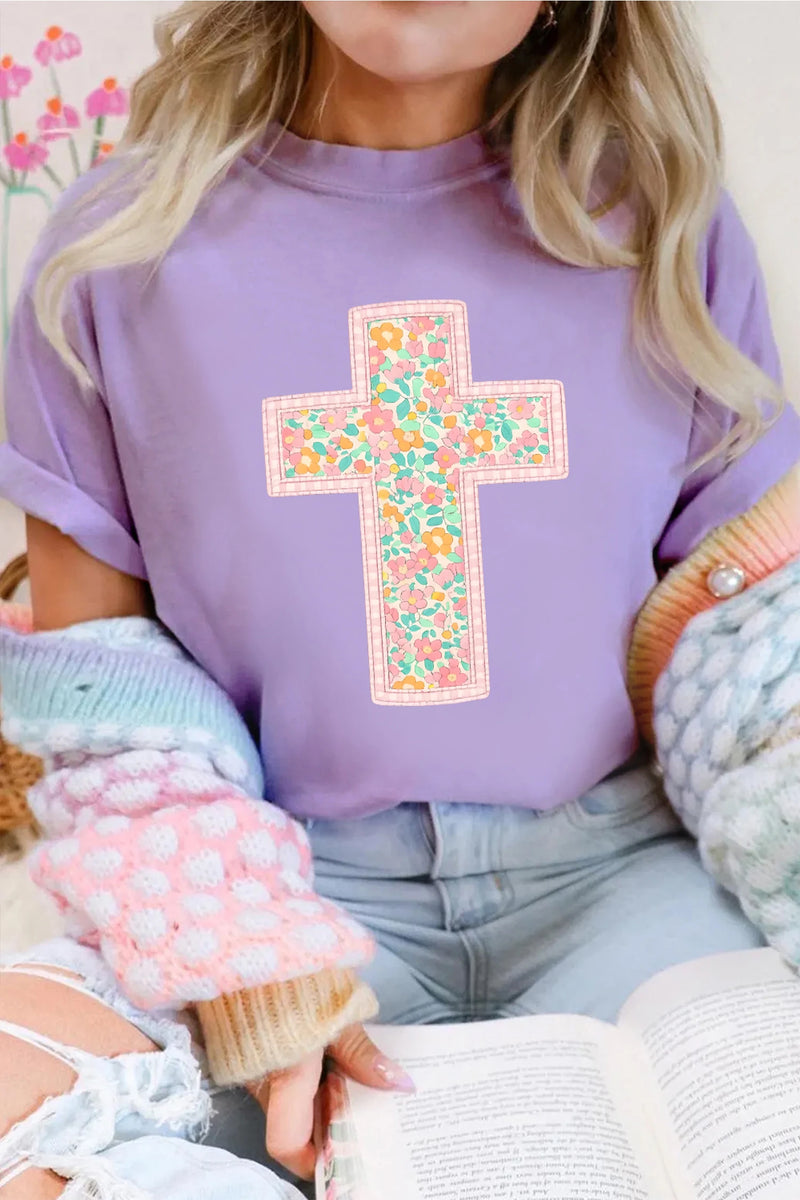 Load image into Gallery viewer, DLLS465 - Ladies Wisteria Easter Floral Cross Christian Casual Tee
