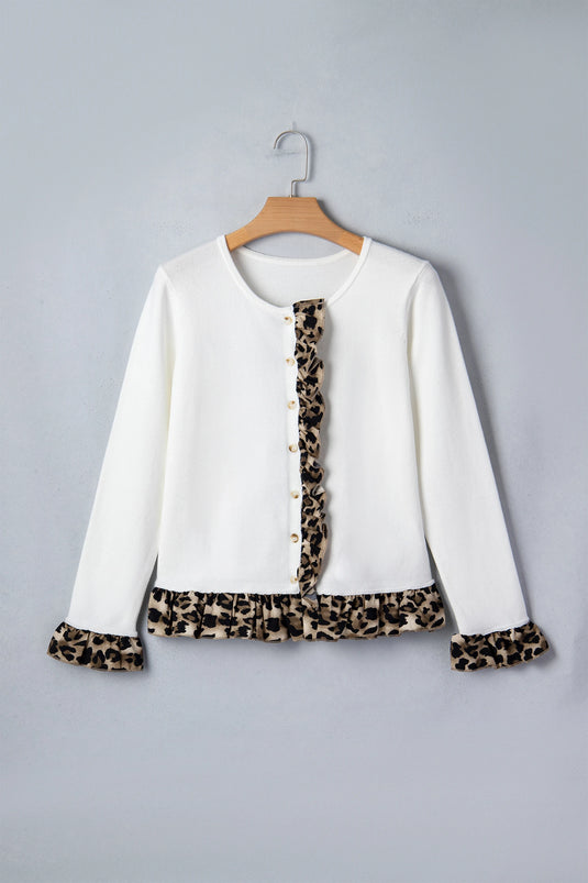 DLLS371 - Ladies White Knitted Leopard Ruffle Patchwork Button Down Cropped Cardigan