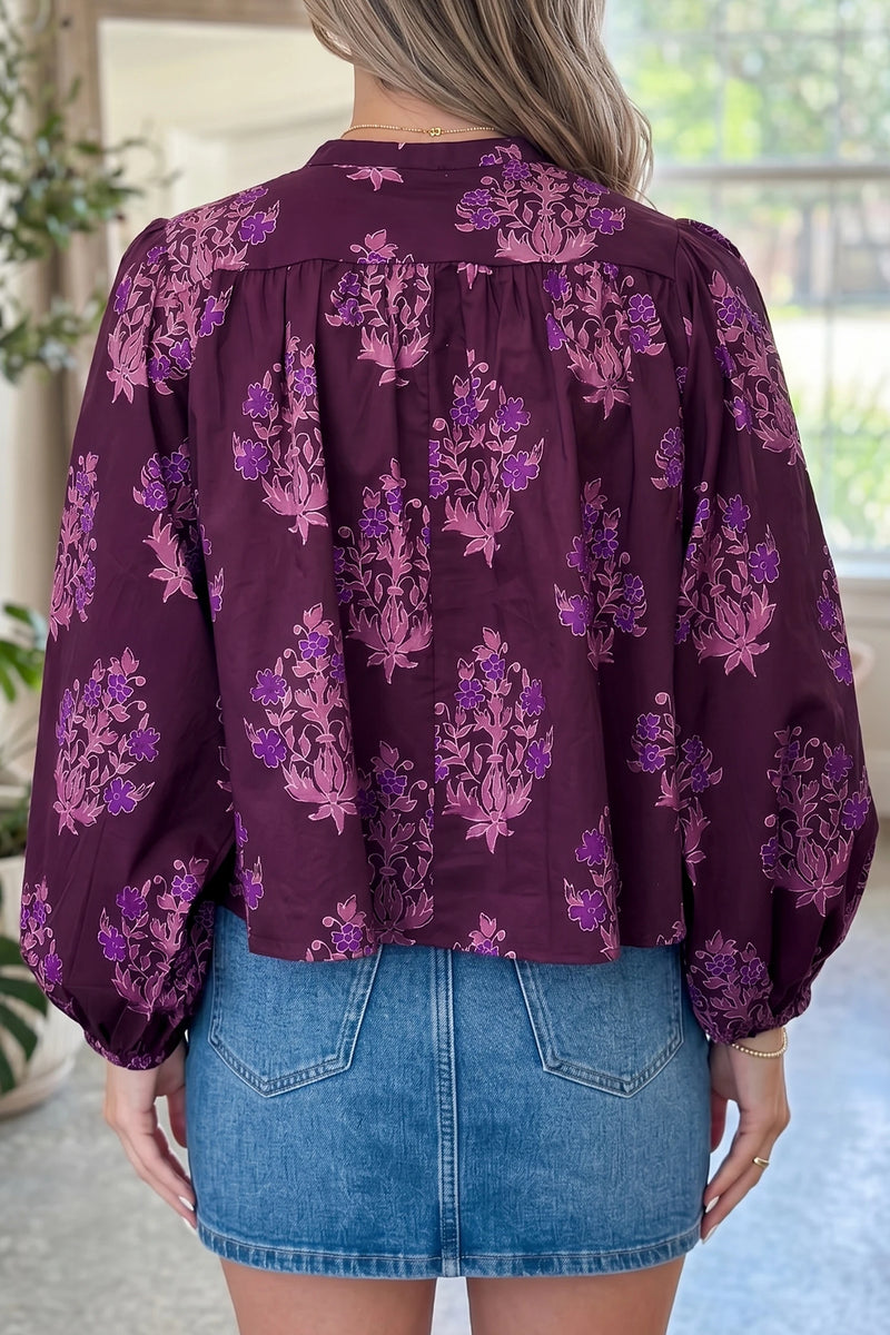 Load image into Gallery viewer, DLLS765 - Ladies Purple Floral Print Button Front Long Puff Sleeve Shirt
